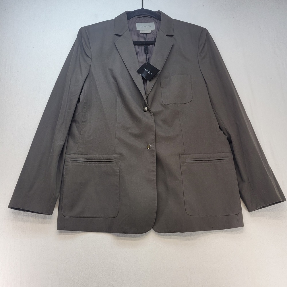Jaeger Blazer Women Size 14 Brown Olive Cotton Two Button Lined Patch Pockets